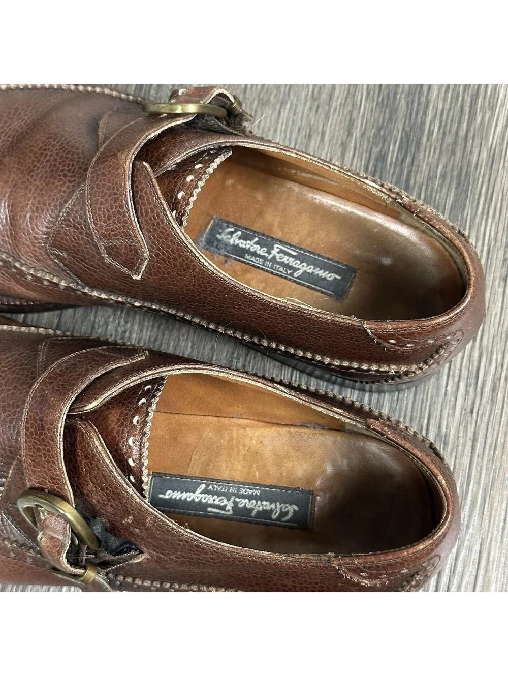 SALVATORE FERRAGAMO Leather Wing Tip Monk Strap Shoes Men 8.5 Cordovan ITALY